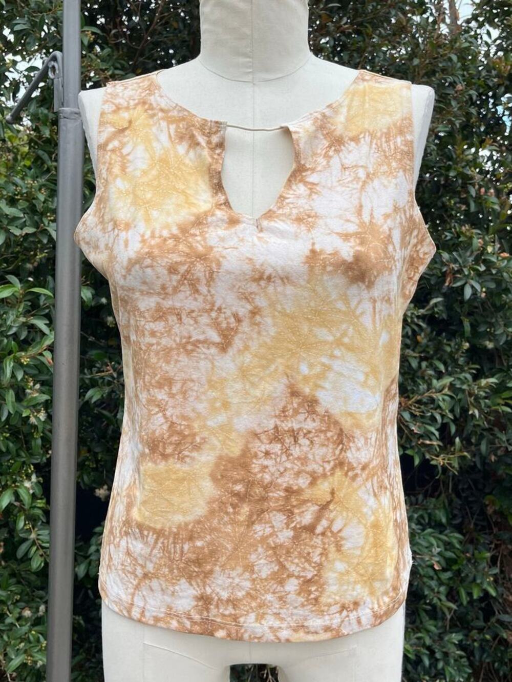 Vintage 90s Fashion Bug Tie-Dye Gold Brown Women’s Tank Large Y2K Hippie Boho